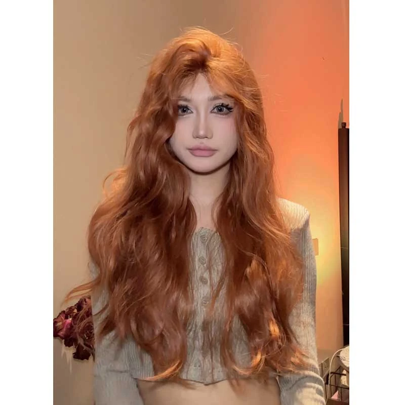 小U专属-脏橘色中分假发日常小额蕾丝假发女长卷发全头套