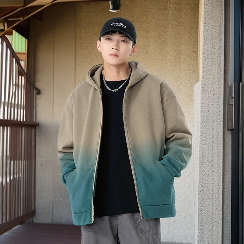 SH/430g加绒连帽卫衣外套男2024秋冬新款潮牌宽松休闲扎染外套男