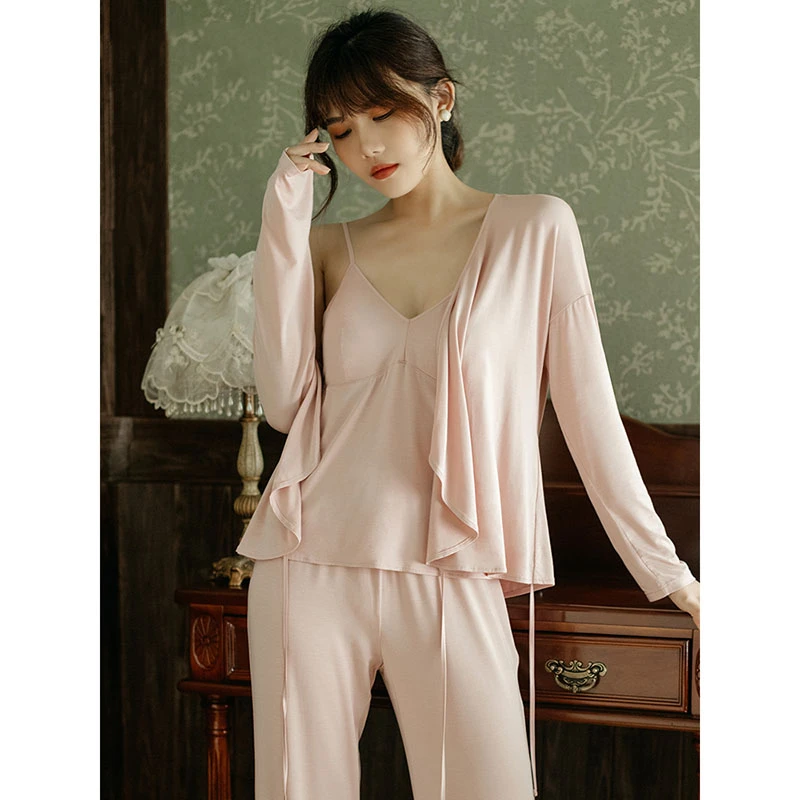 莫代棉睡衣女士春秋季带胸垫性感三件套吊带纯色衫晨袍家居服套装