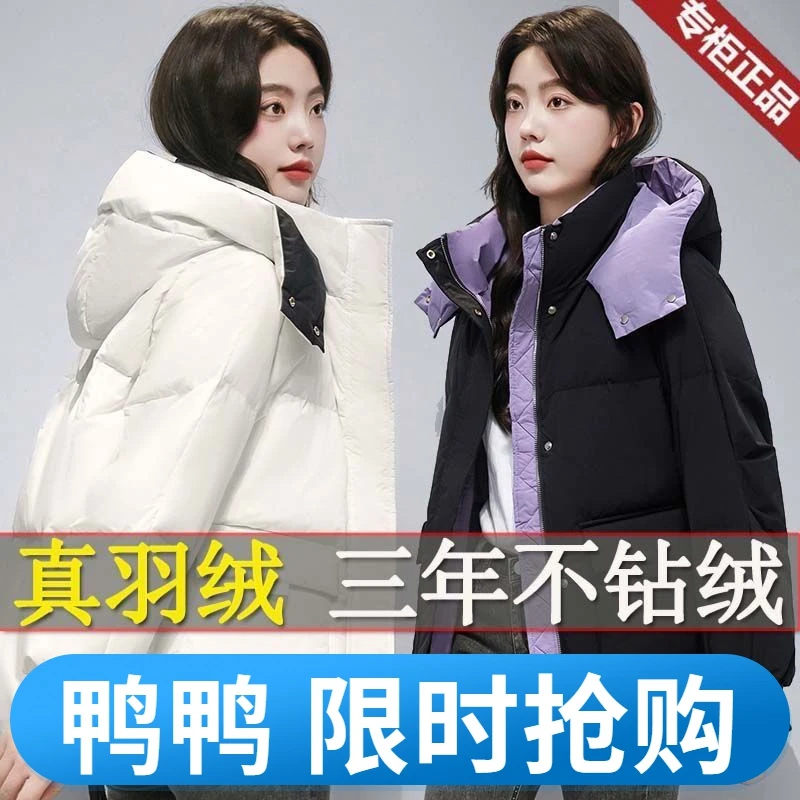 鸭鸭商场撤柜衣羽绒服女短款白鸭绒小个子2023新款时尚连帽厚外套
