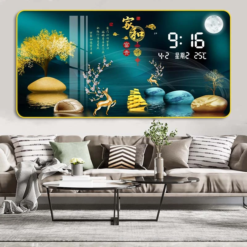 本格花开富贵 数字万年历插电款客厅沙发背景墙装饰画简约新中式