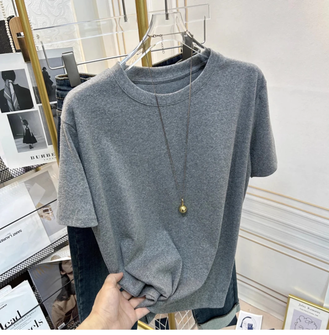 海外订单尾货~加厚磨毛短袖T恤女秋冬宽松休闲德绒打底衫上衣ins