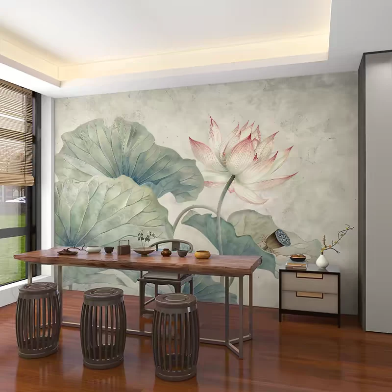 壁画定制3d立体中式意境荷花电视背景墙壁纸客厅壁布装饰墙布墙纸