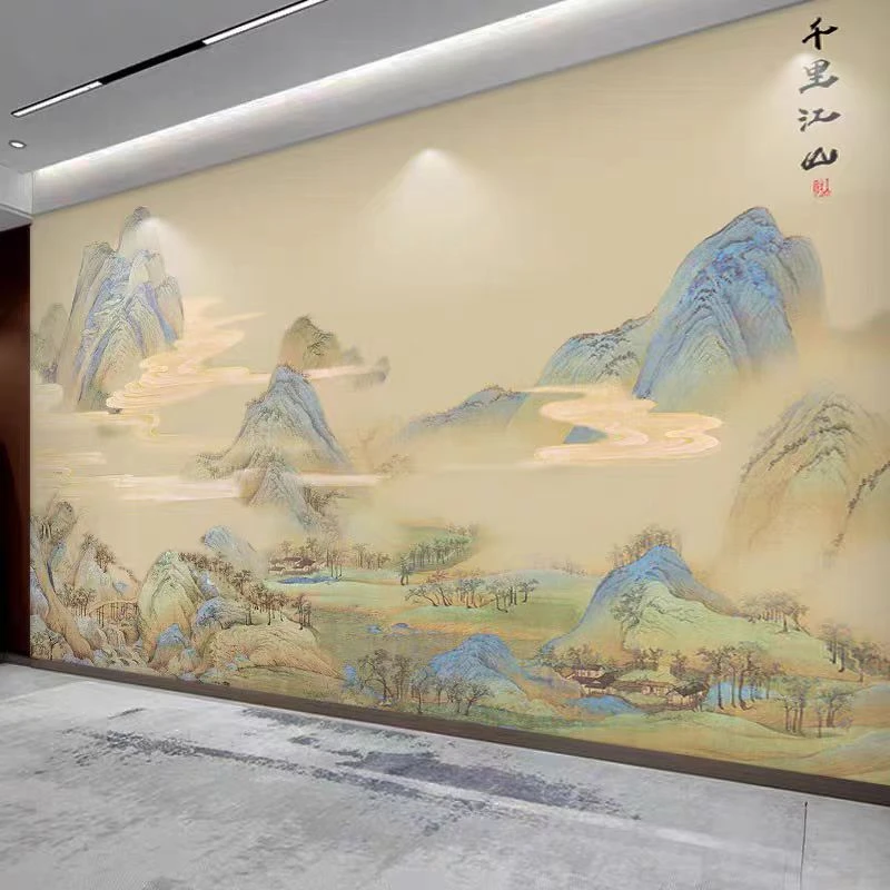 新中式墙布千里江山图壁纸汉服拍照摄影壁画餐厅饭店茶室背景墙布