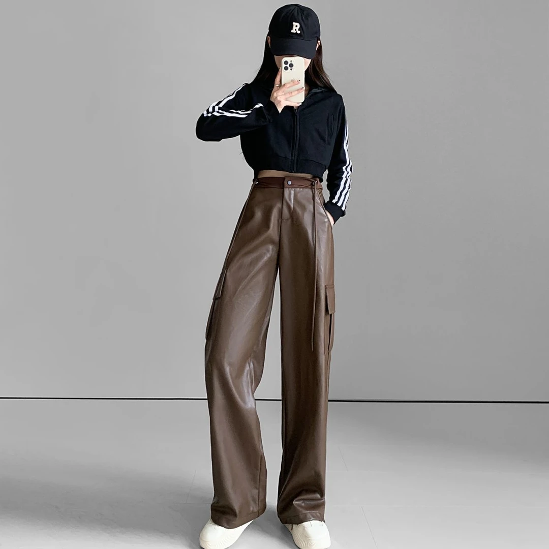 辣妹2024秋冬新款工装裤女宽松PU皮防风保暖外穿百搭休闲直筒裤