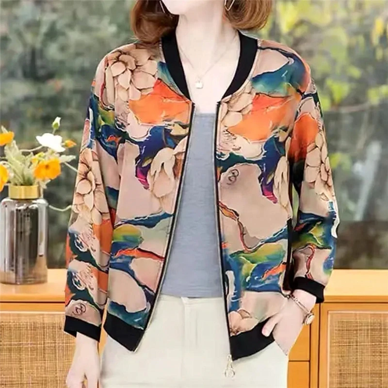 2024春夏新款时尚百搭宽松显瘦印花洋气减龄长袖大码上衣薄外套女