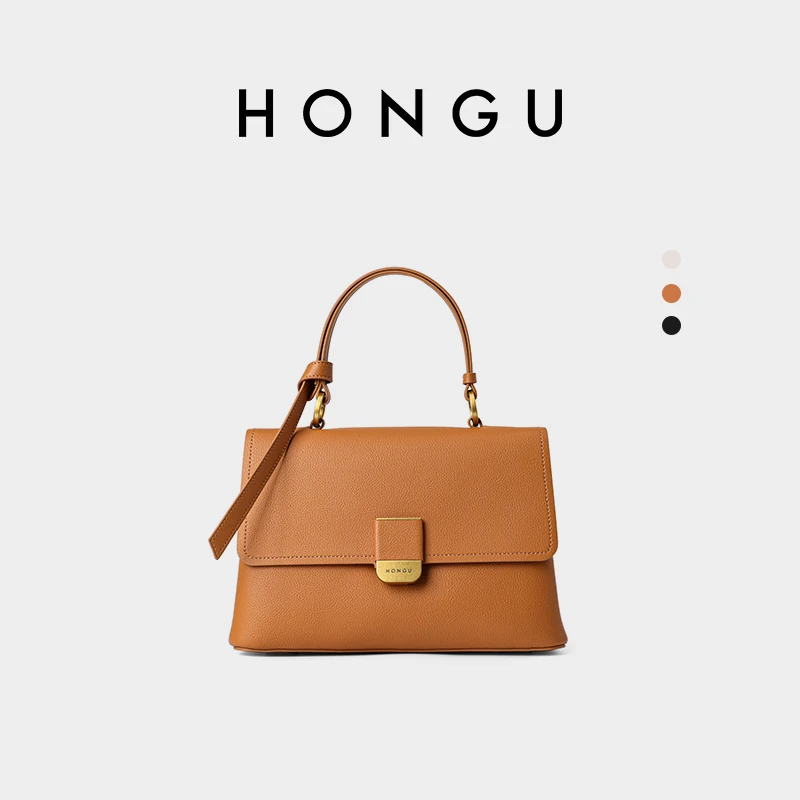 HONGU/红谷轻奢牛皮复古单肩包美拉德经典气质医生包百搭斜跨包