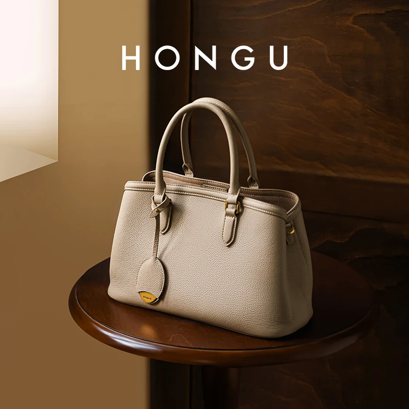 HONGU/红谷2025年新款牛皮质感单肩手拎通勤时尚包包通勤女包真皮