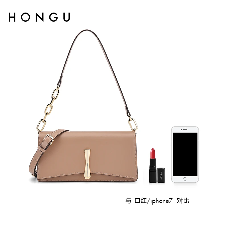HONGU/红谷欧若风牛皮单肩腋下包法棍包时尚简约轻奢风
