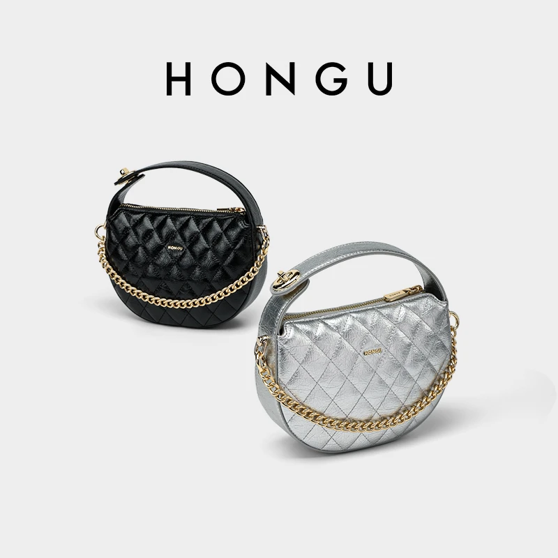 HONGU/红谷时髦精致小香手拎包菱格链条银色单肩斜挎包秋冬新款