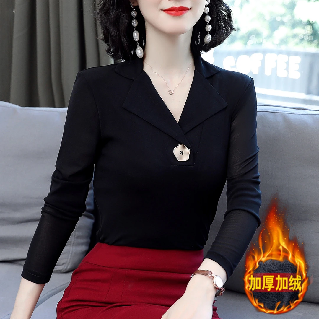 【香姐专属】加绒加厚冬季打底衫女长袖新款西装领洋气内搭网纱上衣