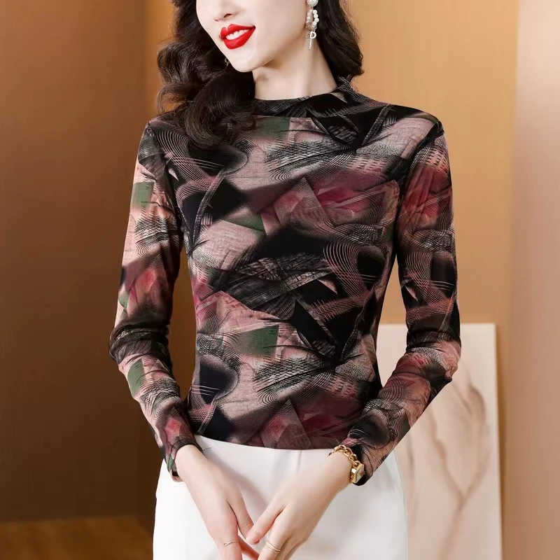 2024春夏新款网纱印花长袖洋气寸领上衣透气时尚显瘦女士小衫