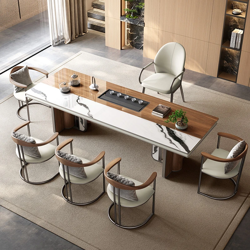 岩板茶桌椅组合一桌五椅轻奢现代高级感带移动茶水柜简约高端茶台