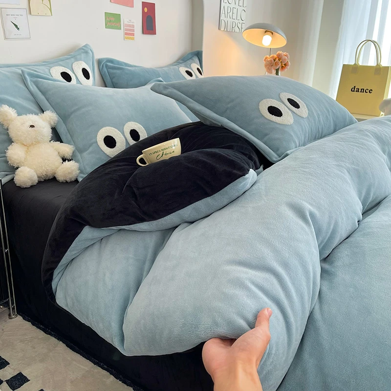 冬季加厚多巴胺牛奶绒四件套双面绒法兰绒被套加绒被罩床单三件套