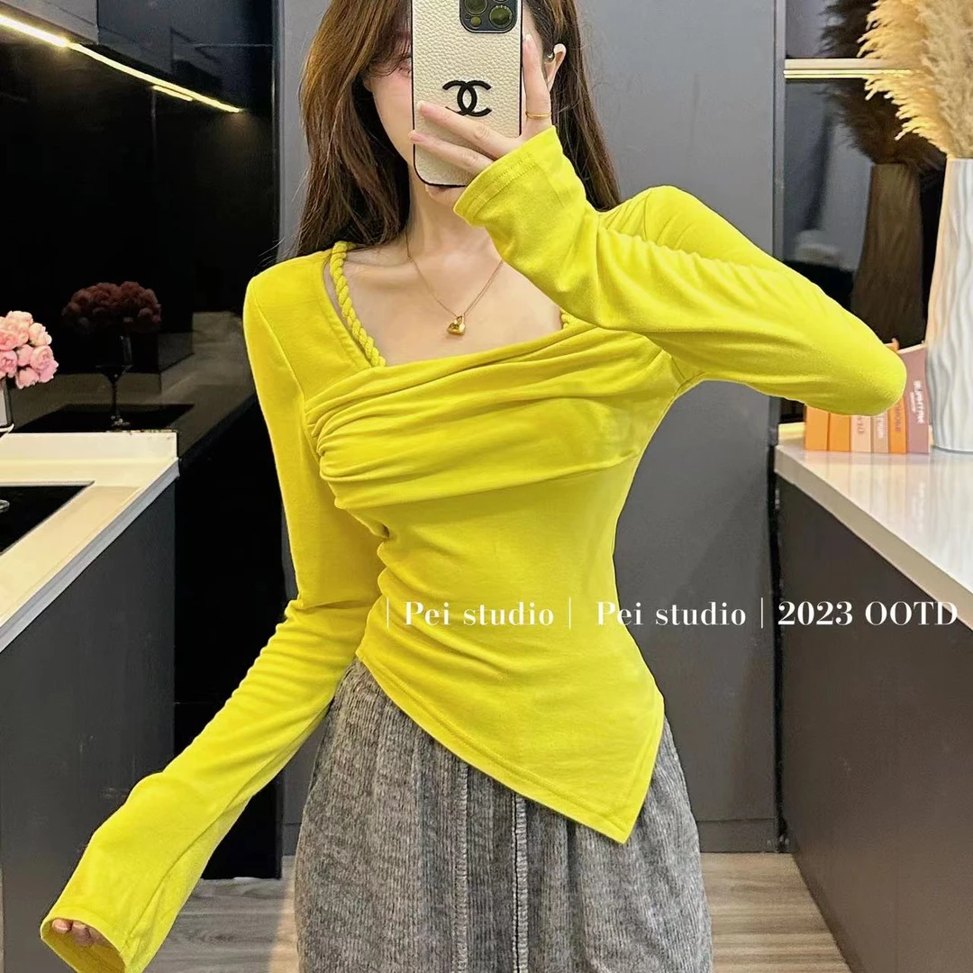 【麻花设计】方领扭绳辣妹显瘦麻花设计感百搭不规则修身长袖上衣女