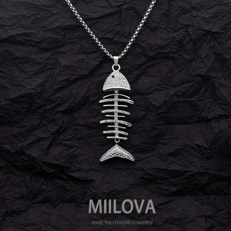 钛钢手链 潮鱼骨头项链女ins土酷蹦迪年年有鱼嘻哈吊坠毛衣链男