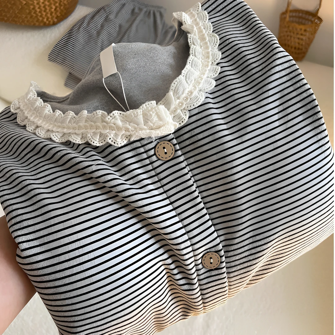 可外穿韩版条纹花边德绒睡衣2025冬季女款舒适加厚保暖家居服套装