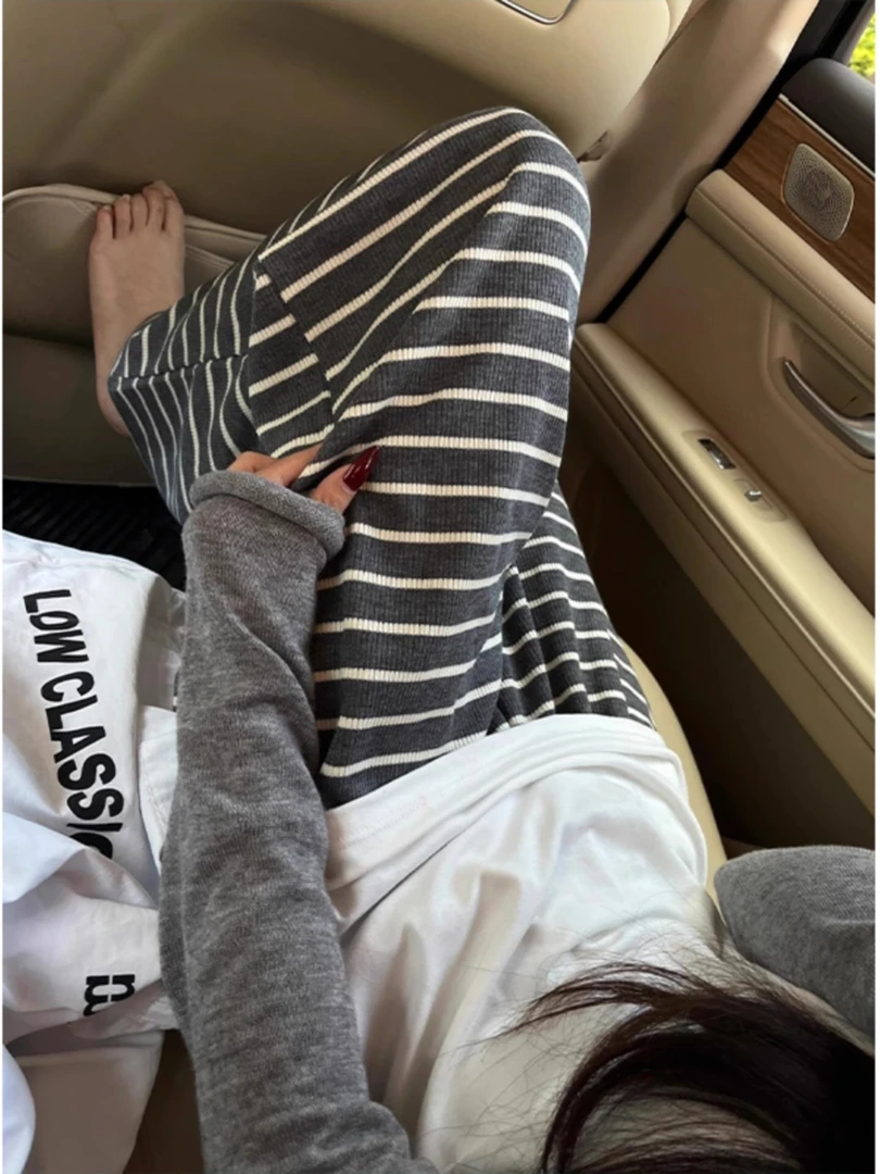 慵懒感条纹裤家居睡裤女可外穿春秋季2025年新款高腰长裤裤子针织