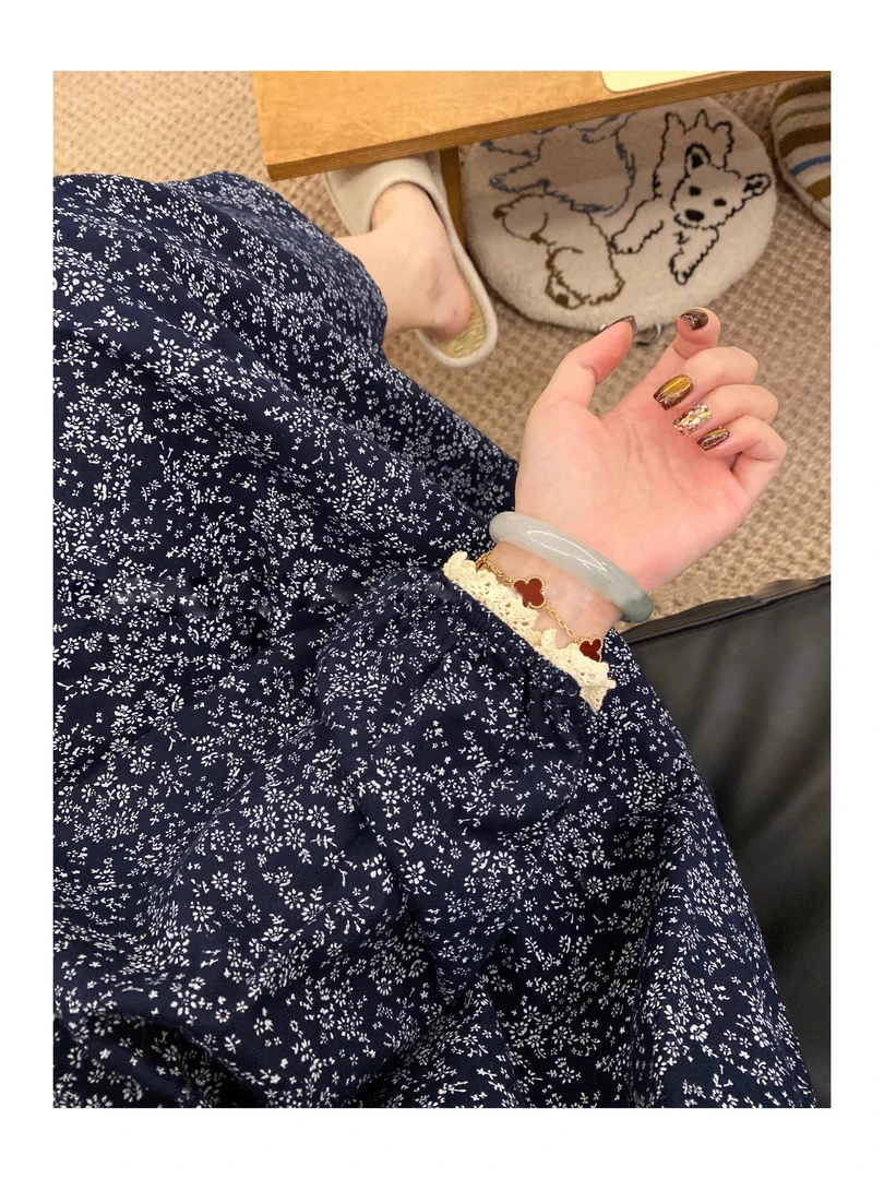 复古蕾丝碎花睡衣女秋季新款长袖睡裙家居服中长款连衣裙子可外穿