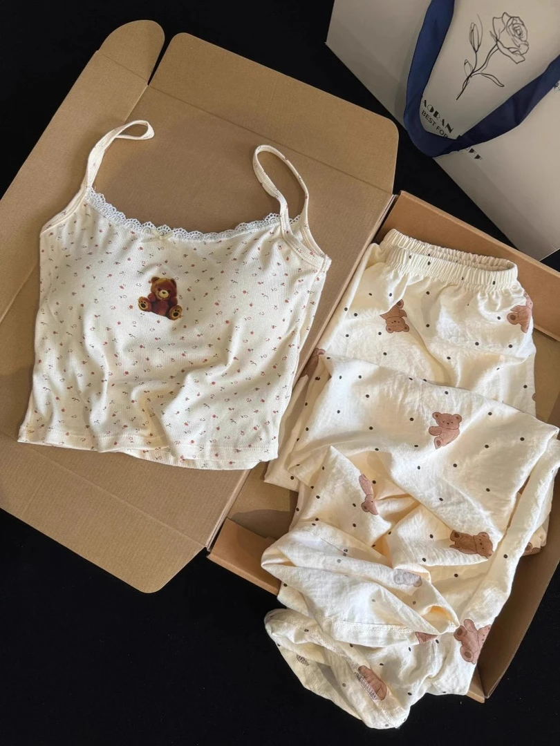 带胸垫甜美碎花印花纯欲吊带睡衣女夏季卡通小熊长裤大码家居套装