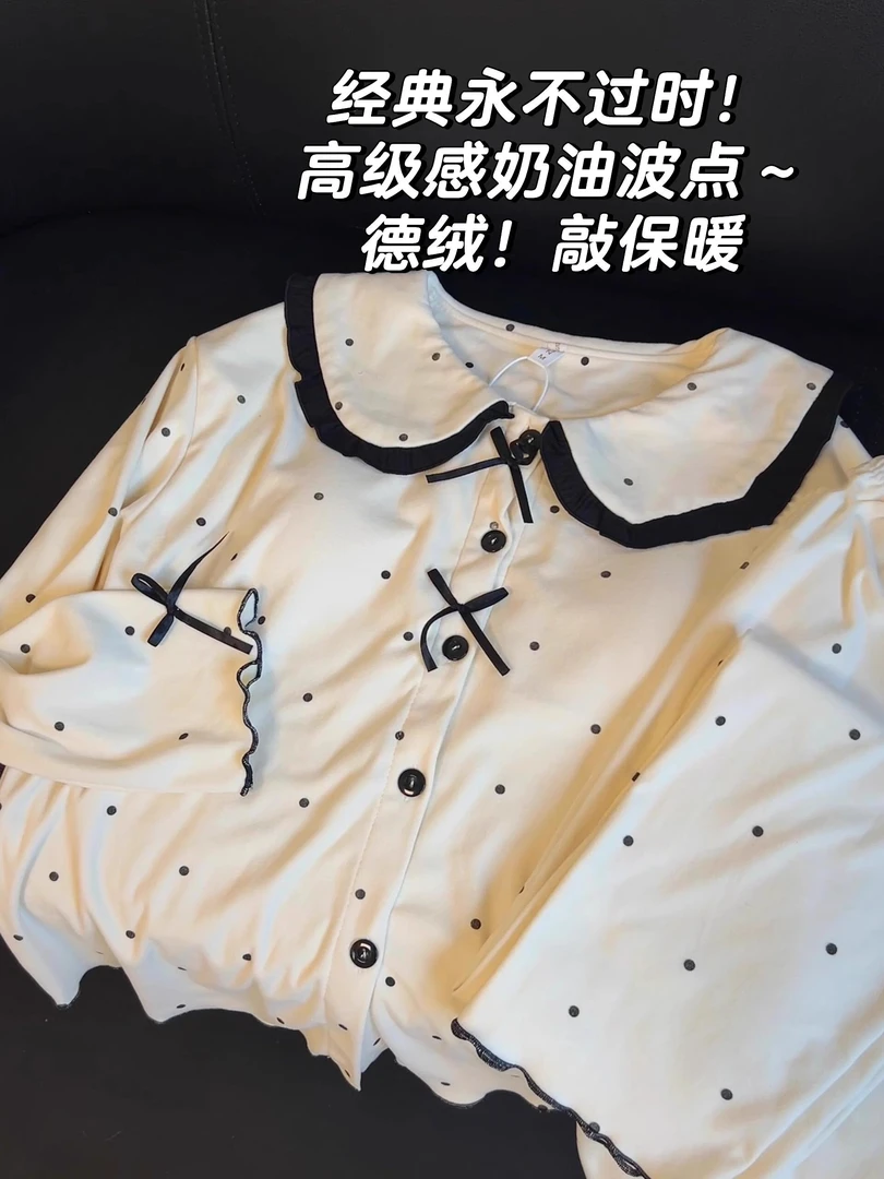 法式甜美波点蝴蝶结德绒睡衣女秋冬新款保暖舒适娃娃领家居服套装