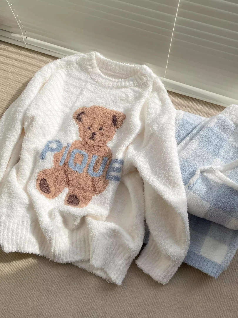 软糯糯可爱小熊毛绒针织睡衣女冬季加厚保暖半边绒家居服套装大码