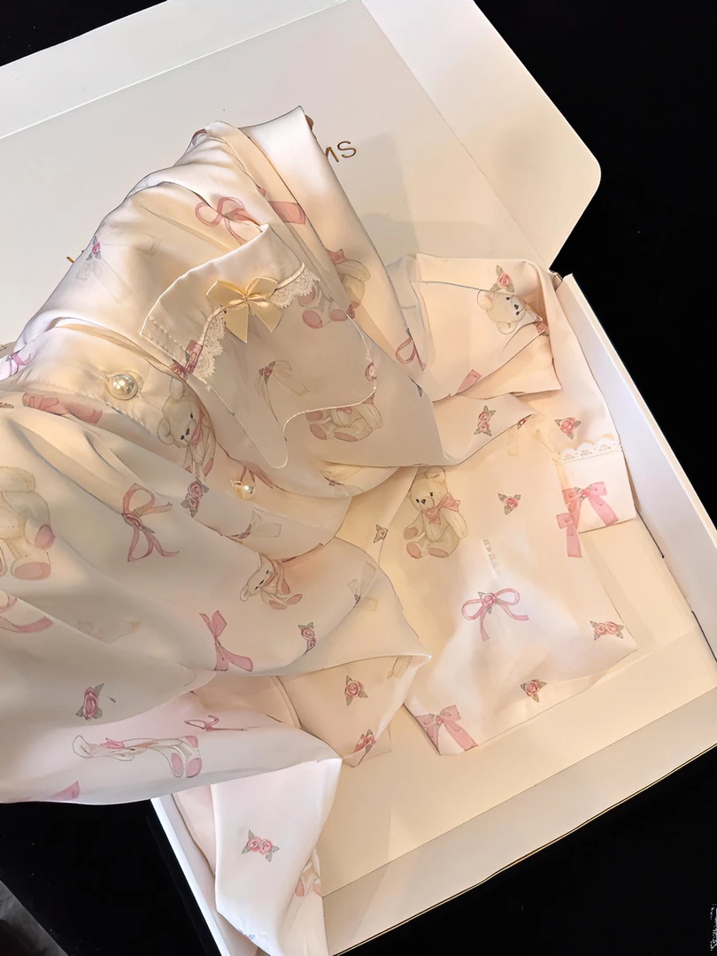 卡通小熊印花冰丝长袖睡衣女夏季2025新款长裤大码家居服套装外穿