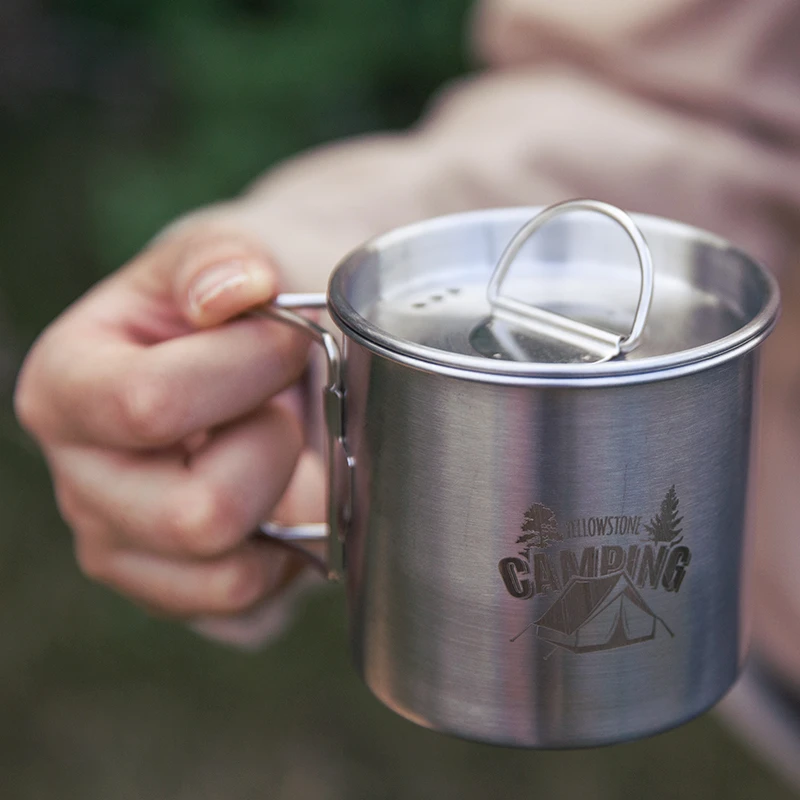 户外杯子不锈钢304折叠杯露营水杯茶杯登山带盖马克杯野餐咖啡杯