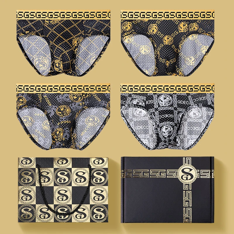 轻奢男士内裤夏季薄款舒适无痕冰丝网红诱惑法式印花大码三角裤头