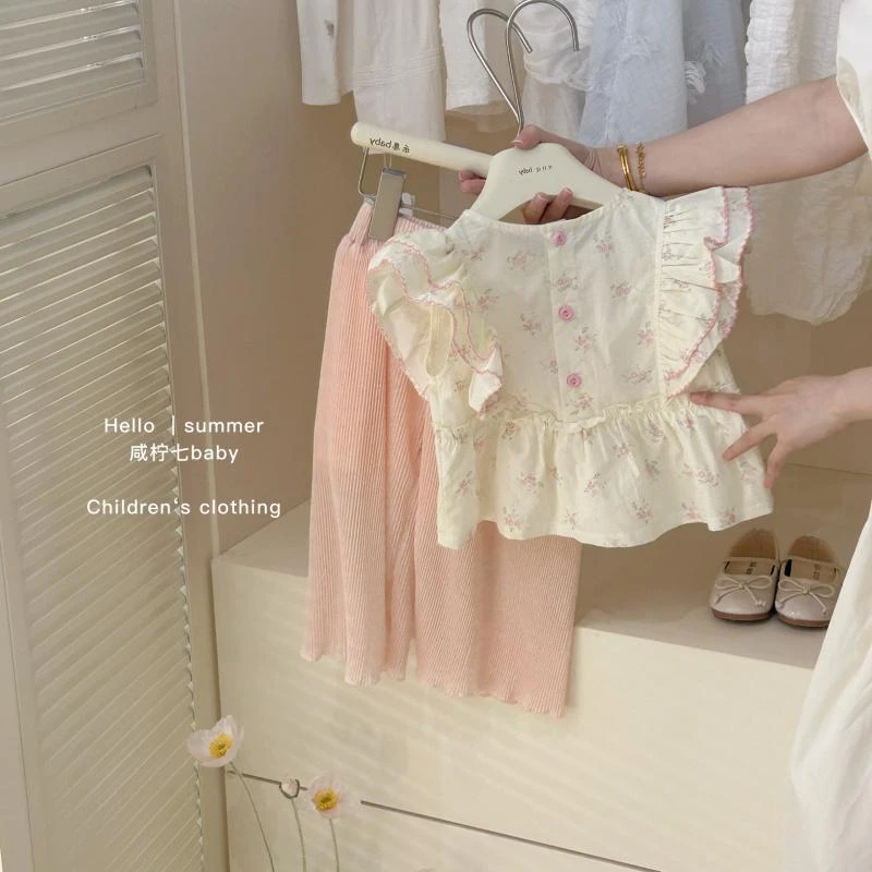 女童夏装套装2024洋气新款儿童碎花短袖女宝宝夏季裤子两件套薄款