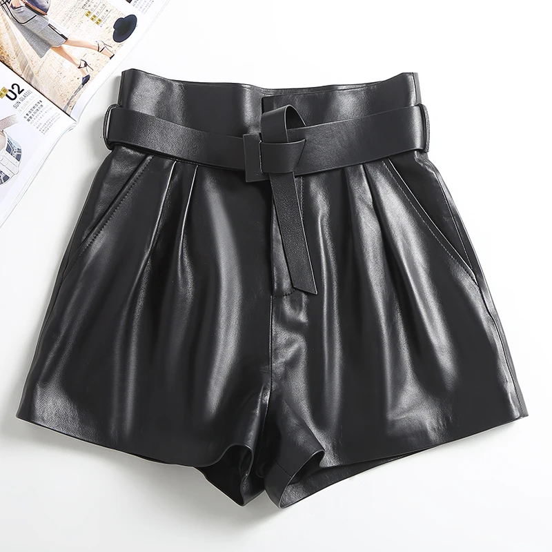 欧美海宁真皮皮裤女2025春秋显瘦高腰绵羊皮短裤阔腿腰带外穿靴裤