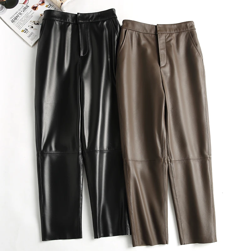 2024冬新款高腰绵羊皮真皮皮裤女长裤百搭显瘦大码九分松紧小脚裤