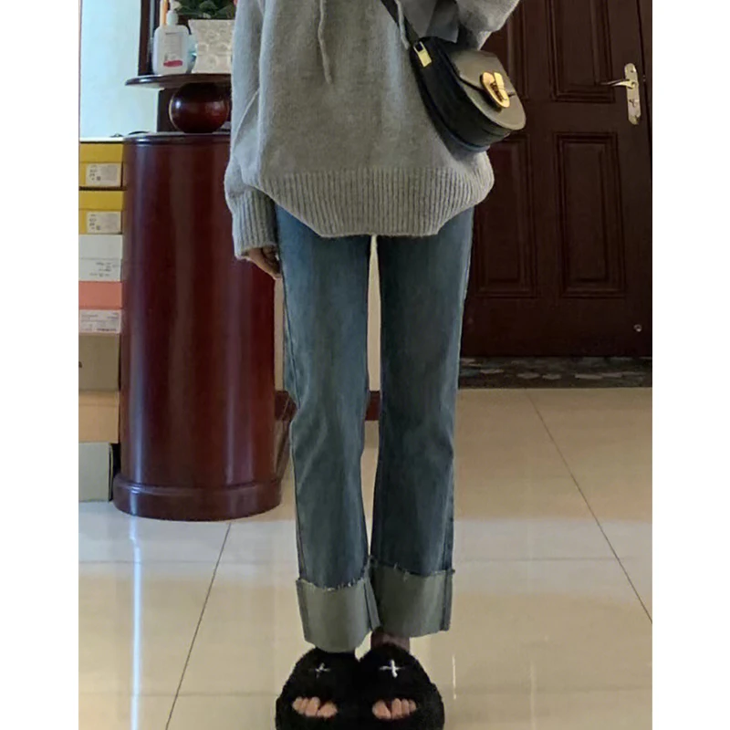 （257）孕妇卷边牛仔裤加绒加厚直筒休闲百搭阔腿九分孕妇托腹裤