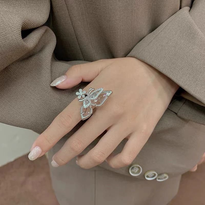 铜合金合成锆石戒指 02261时尚气质精致蝴蝶透明翅膀花朵开口戒指