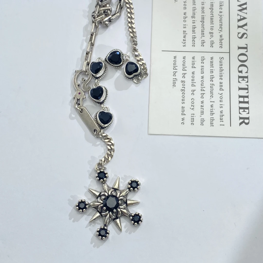 铜合金锆石项链 03961大淇原创暗黑风黑色芒星爱心小众嘻哈风项链