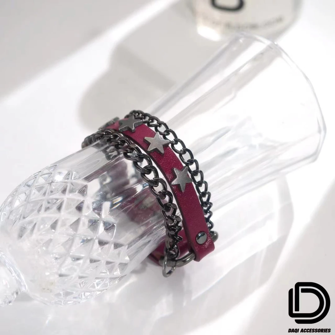 铜合金皮质手链 03819大淇原创酒红色五角星红色皮质甜酷风手链