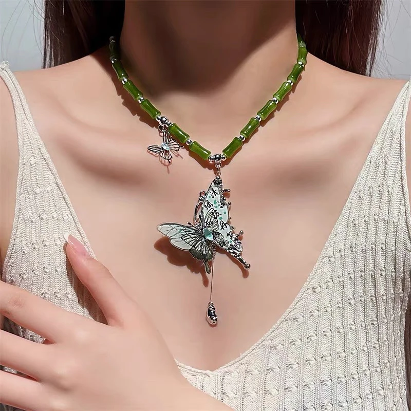 铜合金仿水晶项链 03177大绮原创新中式国潮风绿色竹节蝴蝶项链