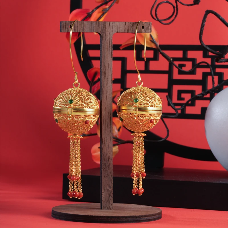 子羽 925银耳饰 莲花香囊耳饰手工气质复古古风长款国潮镶嵌耳坠