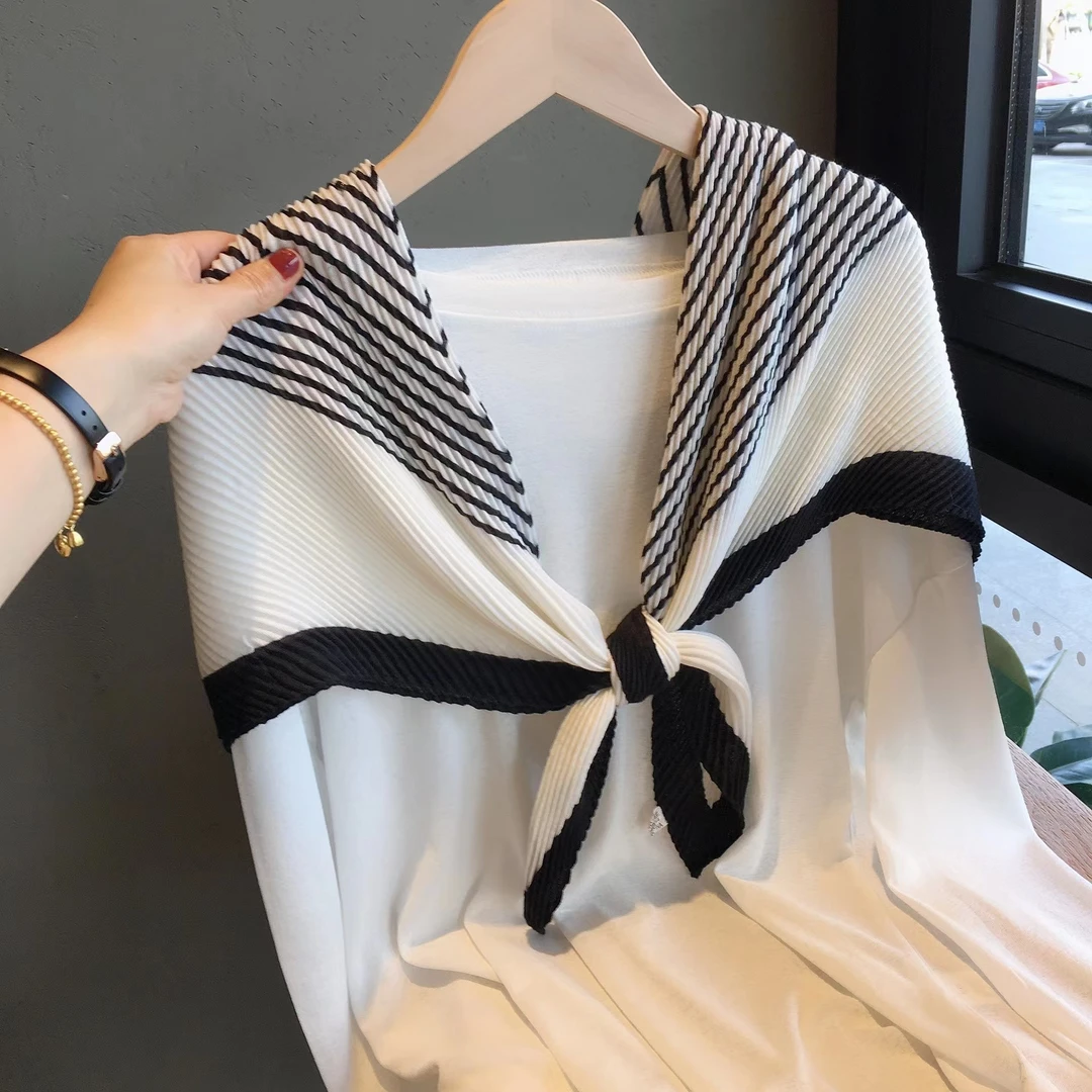 女夏季百搭褶皱大方巾韩版洋气时尚围脖春秋条纹丝巾披肩