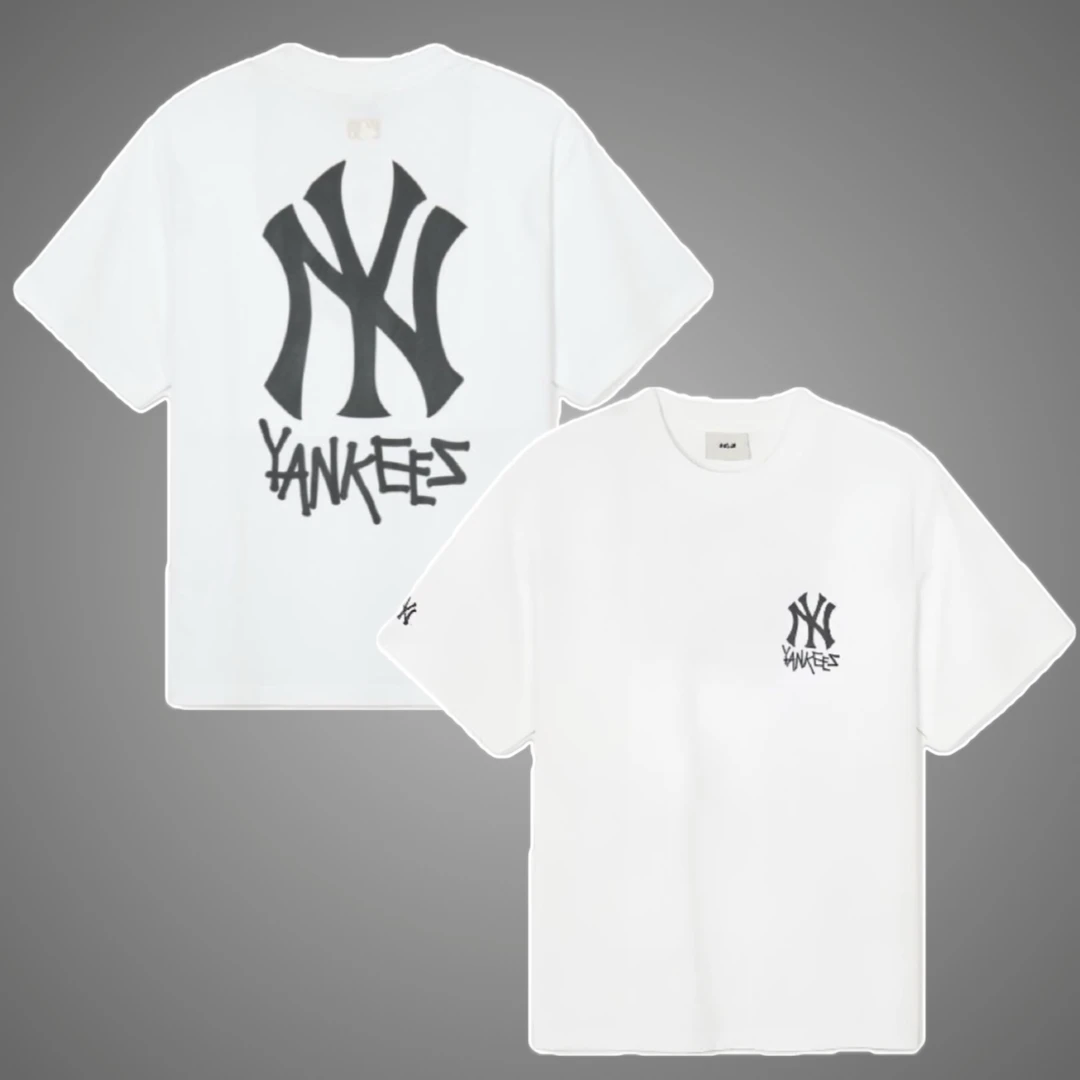 MLB 纽约洋基队徽标印花圆领短袖正肩袖夏季T恤男女同款白色