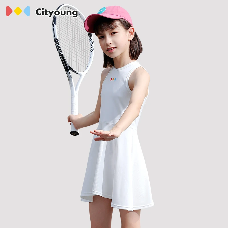 cityoung儿童网球裙女童运动连衣裙无袖弹力修身a字裙子竖条肌理