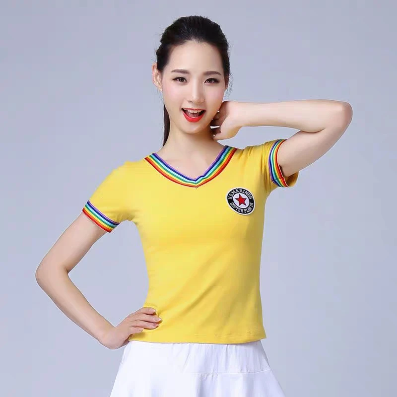 夏广场舞服装新款V领跳操舞蹈运动衣健身服套裙短显瘦短袖棉上衣