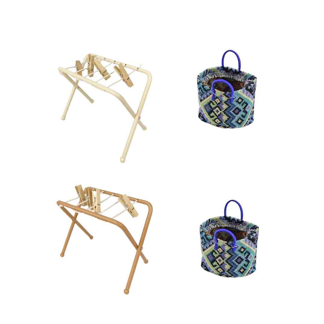 1：12 微缩仿真家具Ob11过家家娃屋配件铁艺晾衣架加脏衣篓套装