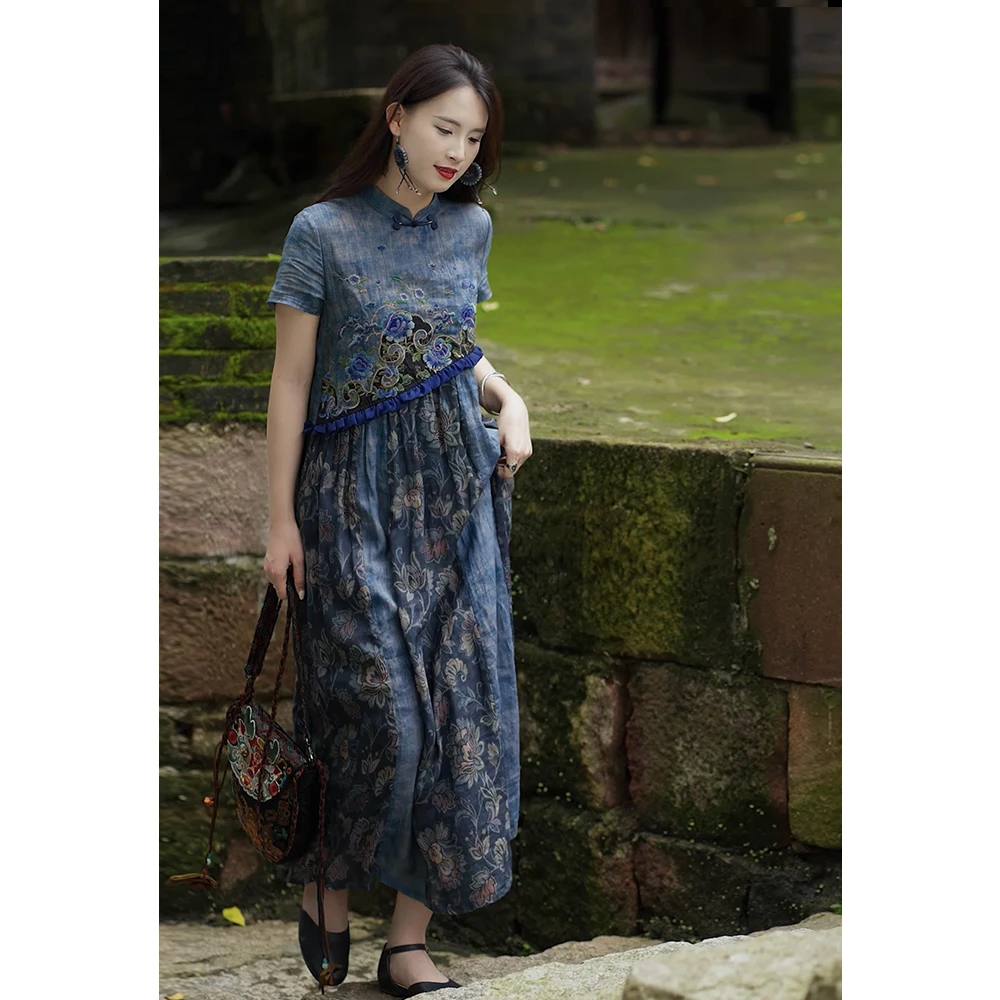 千椿物喜新中式国风夏季气质重工刺绣时尚短袖连衣裙242104