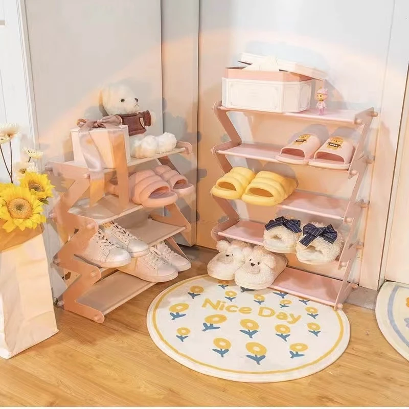折叠鞋架收纳ins风简约家用小型宿舍儿童文艺宝宝简易鞋架可爱粉