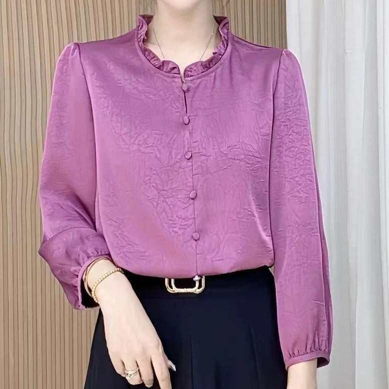 法式木耳边休闲衬衫2024年新款百搭Q时尚大码九分袖上衣初秋小衫
