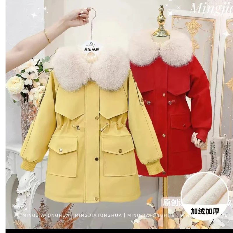 女童棉衣外套时髦秋冬2024新款加绒加厚派克服儿童中长款皮衣洋气