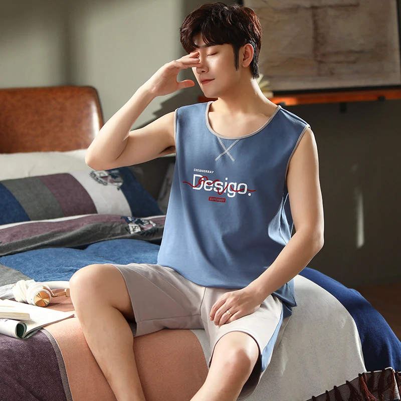 夏季2024新款男士睡衣背心加大码时尚套装宽松速干短裤夏天家居服