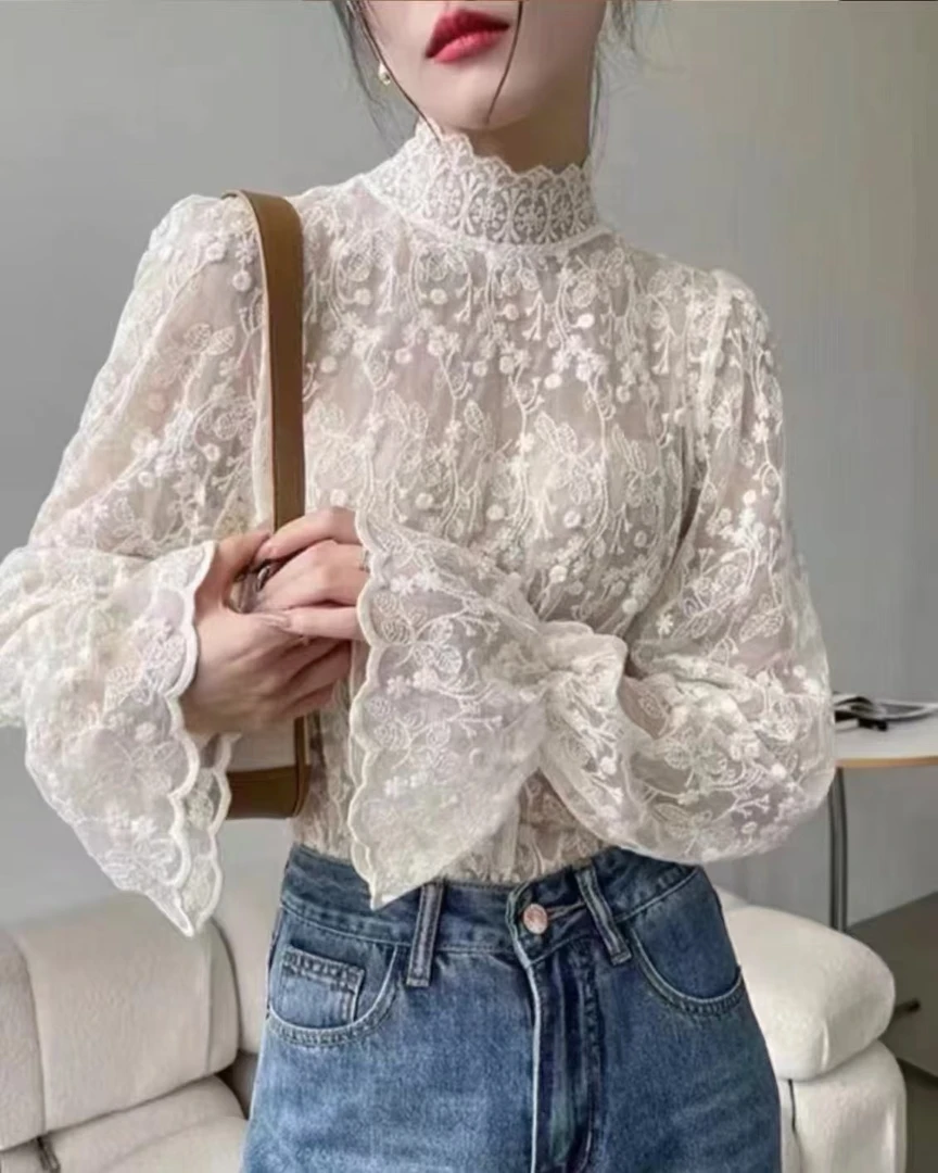 蕾丝打底衫女秋冬季宽松小衫毛衣内搭纱衣半高领长袖上衣