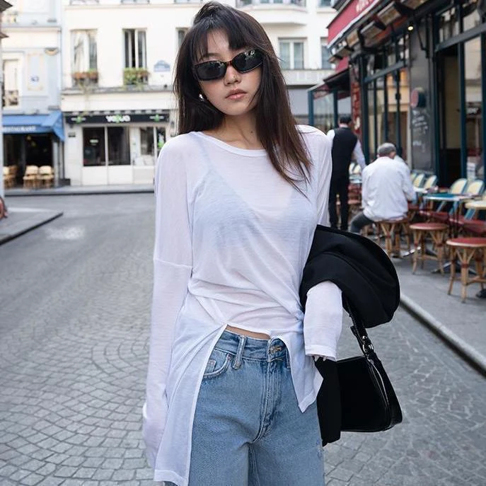 芋妮【防晒衣女】长袖百搭宽松侧开叉上衣防紫外线圆领显瘦t恤女